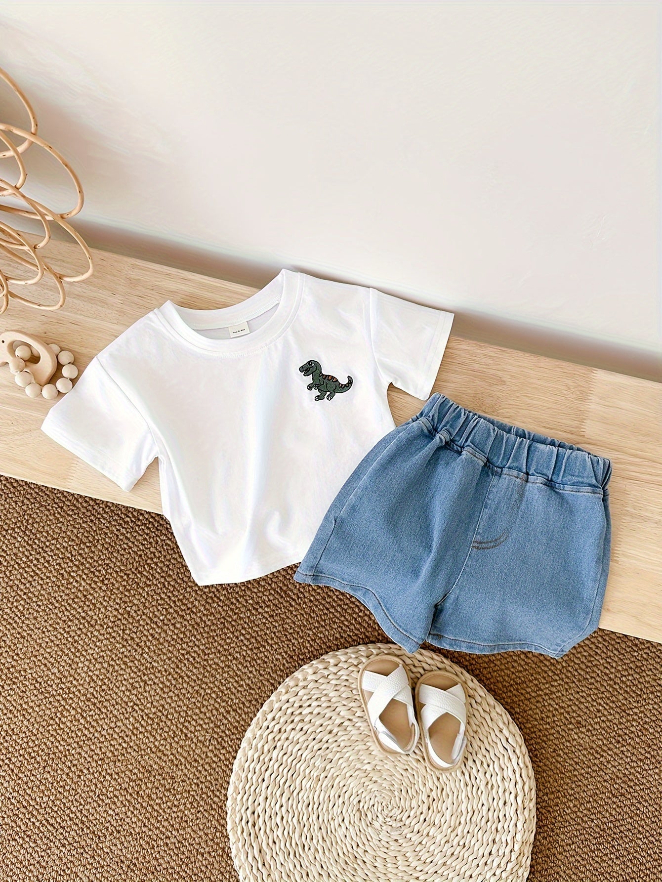 Newborn Children's Cute Cartoon Dinosaur Embroidery T-shirt and Shorts Set, Perfect for Summer Outdoor Wear