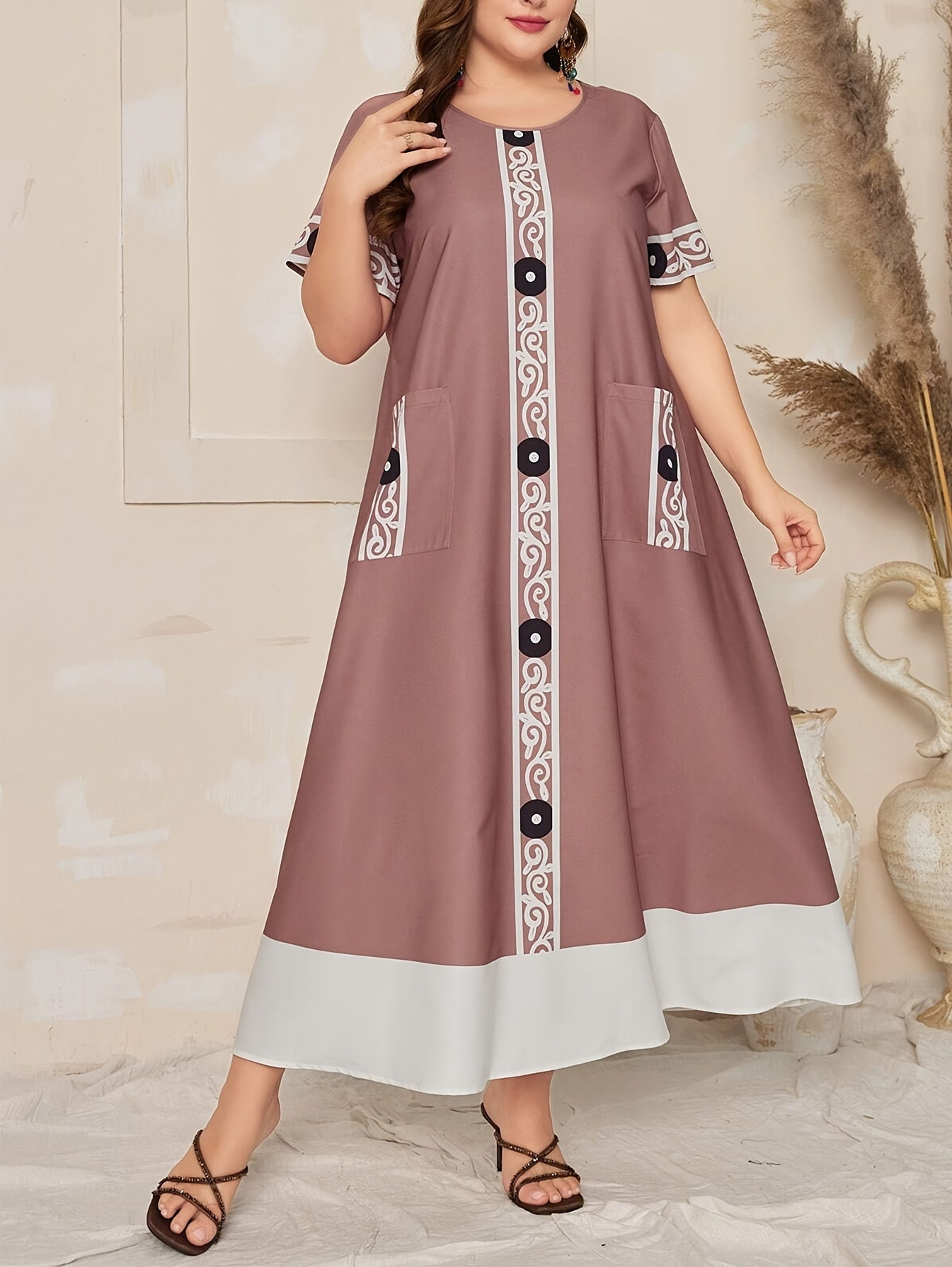 Color-block printed splice dress with double pockets, 100% polyester, fitted, non-stretch woven fabric, ideal for all seasons - Elegant plus size fashion.