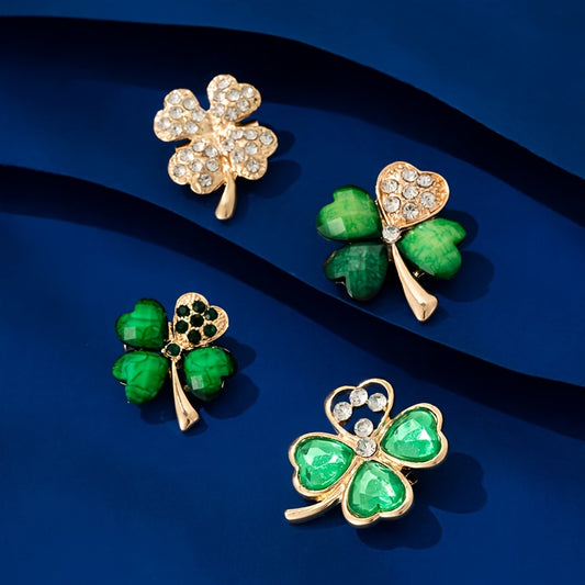 Set of 4 alloy clover brooch pins with synthetic rhinestone mosaic in a simple, cute style. Perfect fashion accessory for clothing, daily wear, and gift occasions throughout all seasons.