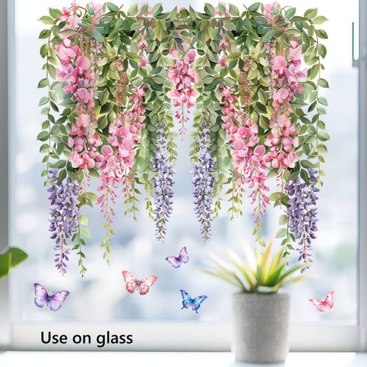 Decorate your space with a set of 1 piece creative vine and butterfly window clings in pink and purple. These floral decals are perfect for glass surfaces and require no glue. They are ideal for adding a touch of charm to your balcony, living room