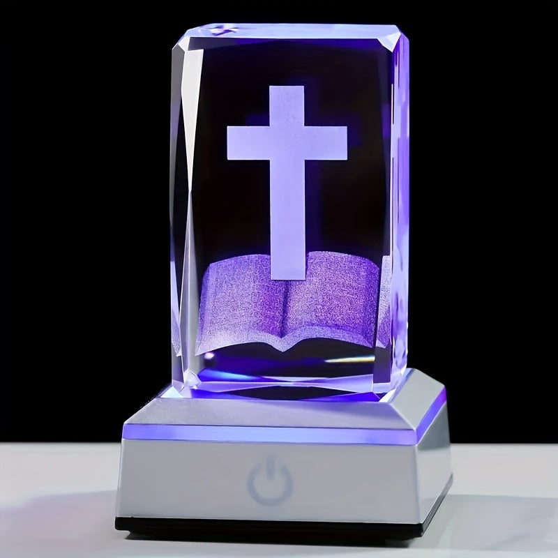 3D Cross Bible Crystal LED night light, ideal for Christian home decoration and gifts for women and men.