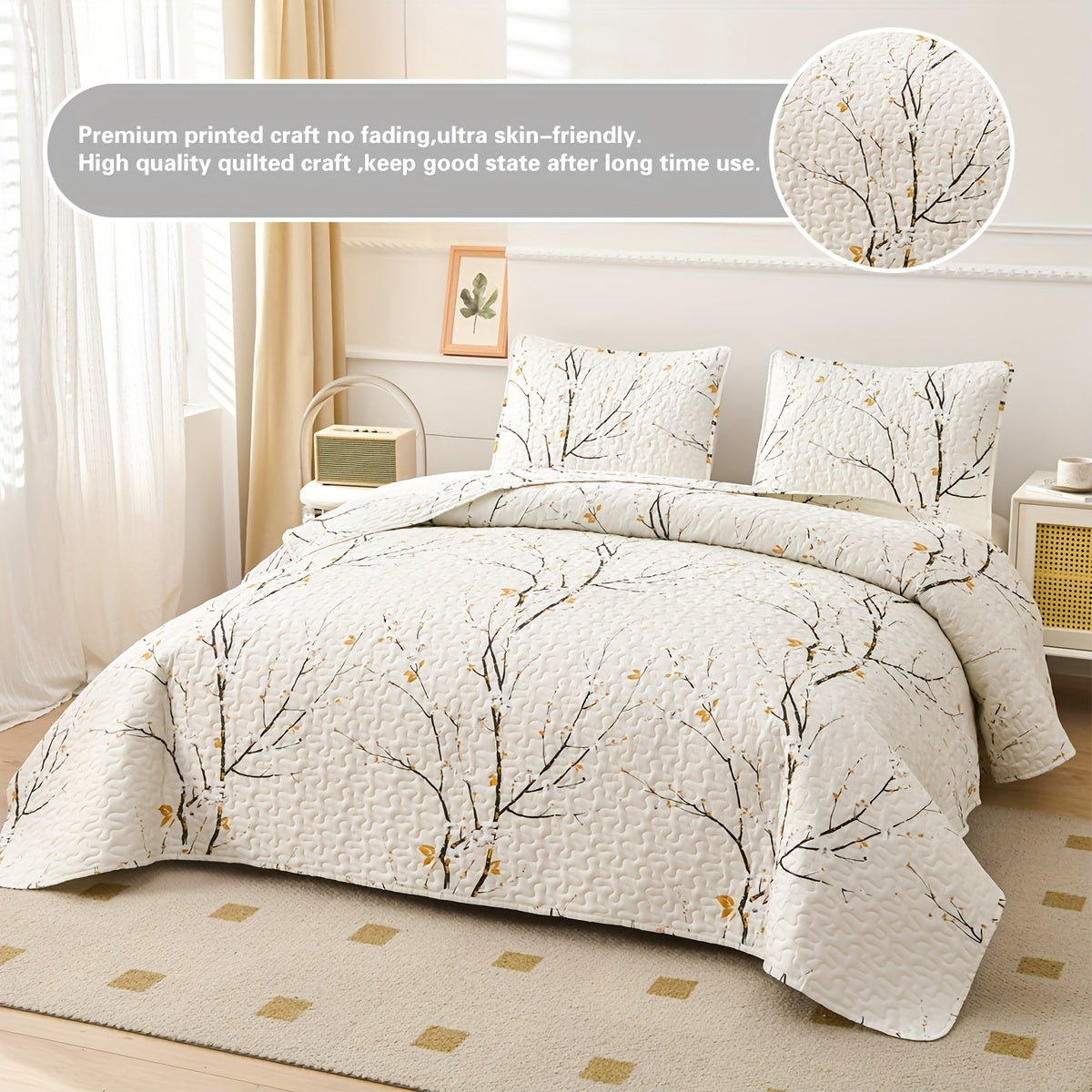 Elegant Plum Blossom Quilt Set includes 3 pieces (1 Quilt + 2 Pillowcases, Core not included). Made with skin-friendly, soft and breathable materials, this bedding is warm and comfortable for all seasons. Perfect for hotel or bedroom use.