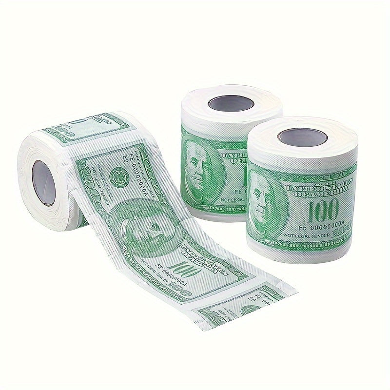 Pack of two-ply paper towels designed to resemble $100 bills, perfect for use as decorative toilet paper at parties.