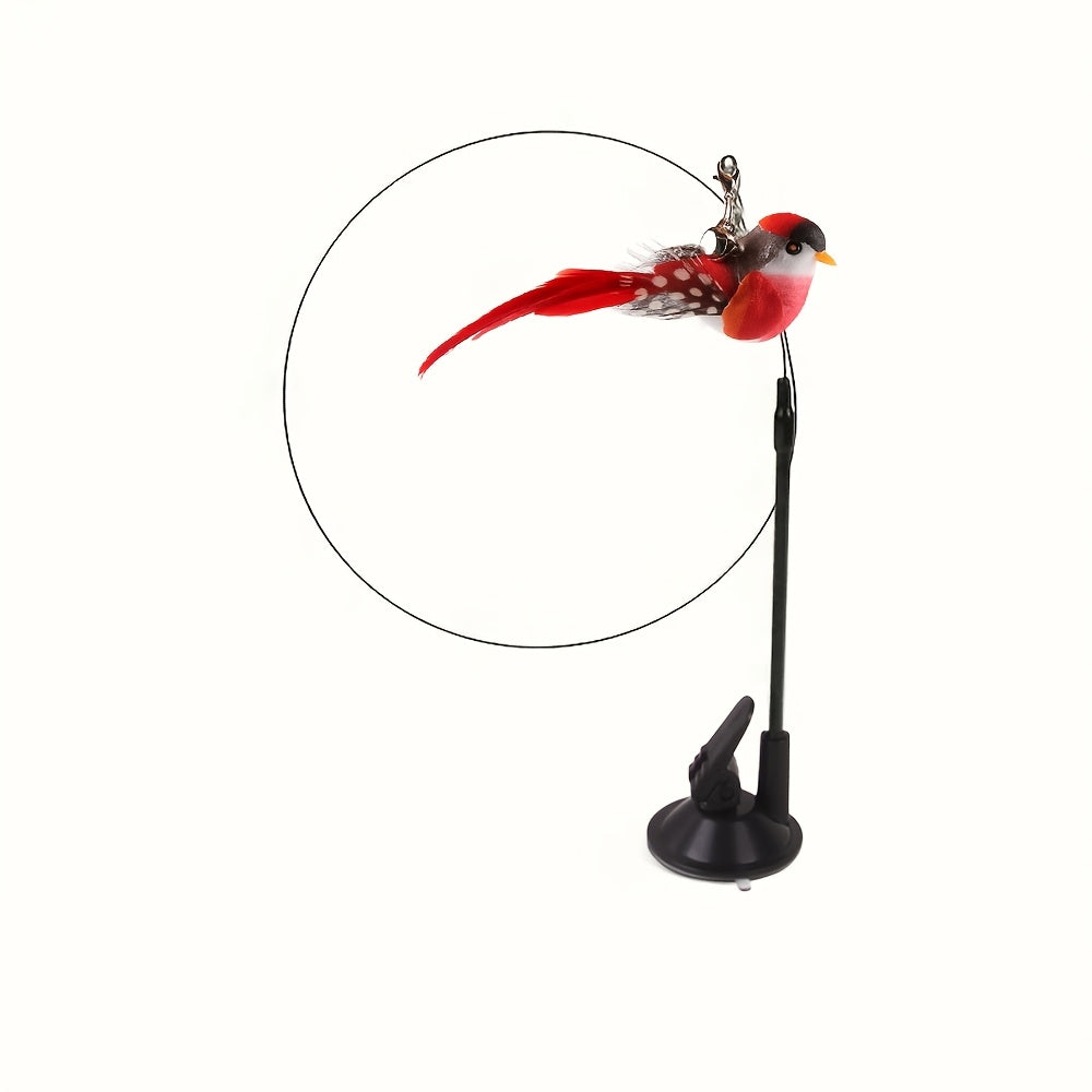 Interactive cat teaser wand with suction cup base, bell, detachable bird toy. Polyester blend, no batteries required. Ideal for indoor play with pet cats.