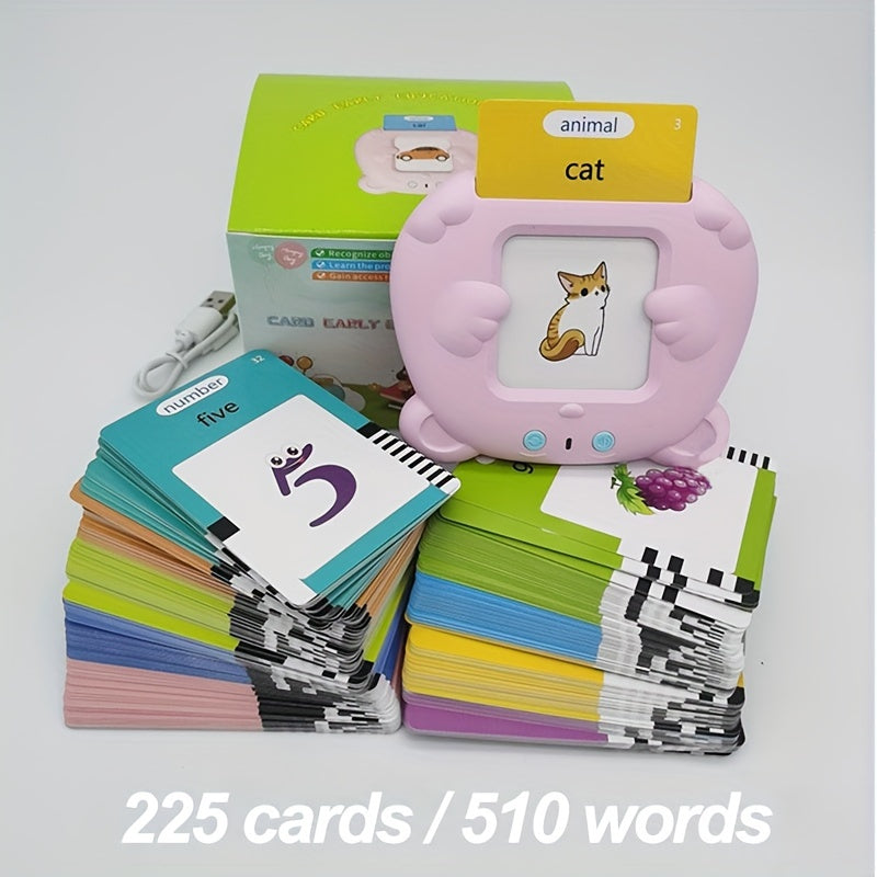 224 out of 510 words describe the Youngsters Talking Flash Card Reader. This product includes 112 double-sided cards in both blue and pink colors. It is rechargeable and serves as an educational interactive toy for children aged 3 and up. The Learning