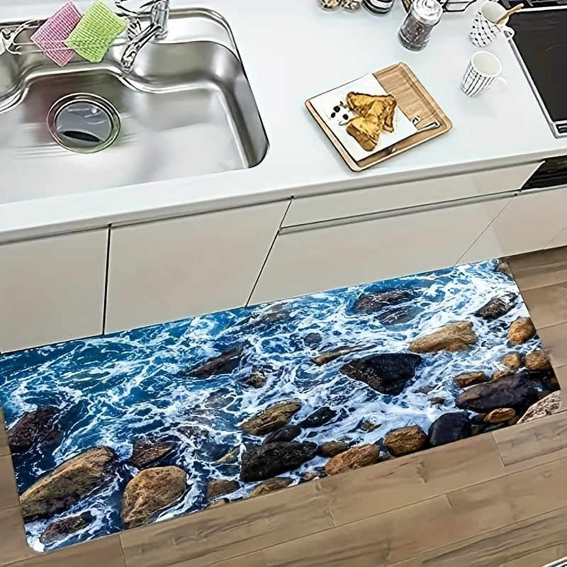 Absorbent Seaside Stone Floor Mat with Sun Beach Design, Non-Slip and Washable, Ideal for Entrance, Living Room, Kitchen, Bathroom - 1Cm Thickness