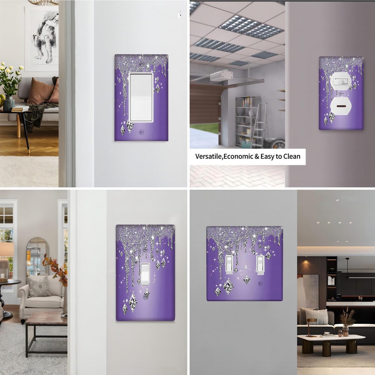 Glitter diamond purple drip light switch cover with ornate design, no electricity required. Easy to clean and suitable for various rooms. Available in 1 or 2 gang sizes.