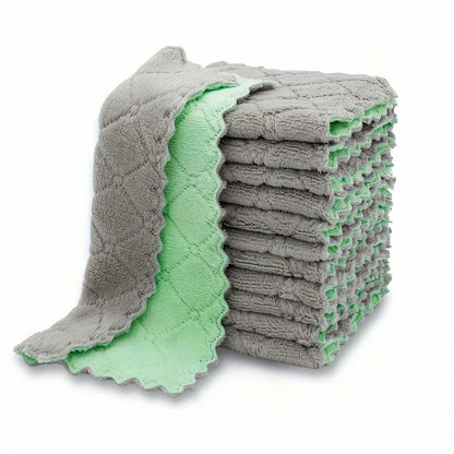 A set of 10 Microfiber Towels for the kitchen, designed to absorb moisture and clean up messes easily. These versatile cloths can be used for wiping down dishes, cleaning up spills, and tidying up the house.