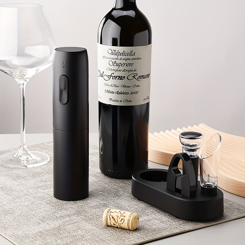 Electric wine bottle opener set includes: automatic opener, spiral cork drill, vacuum fresh-keeping cork, pourer, and storage set. Dimensions: 8.38cm X 20.57cm.