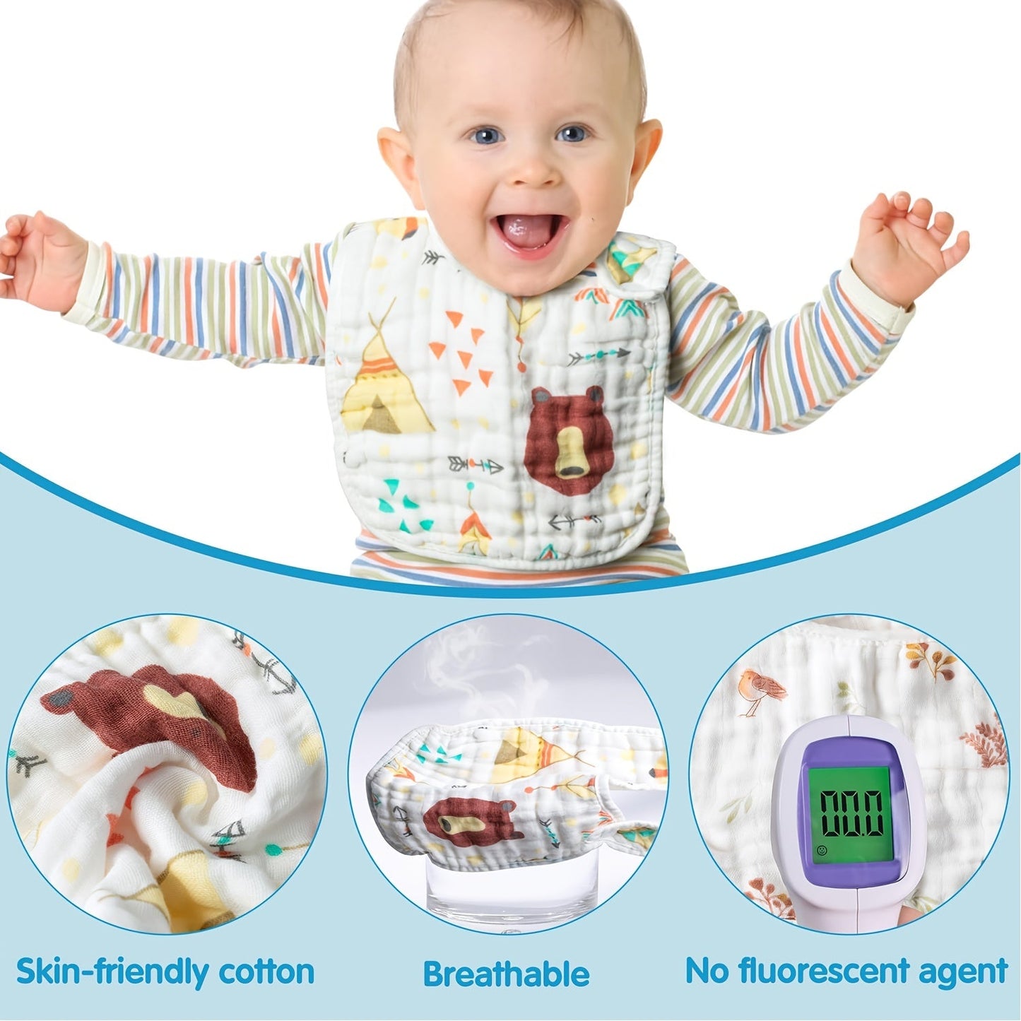 Set of 5 Soft Feeding Bibs made of 6-layer Cotton Gauze (assorted colors)