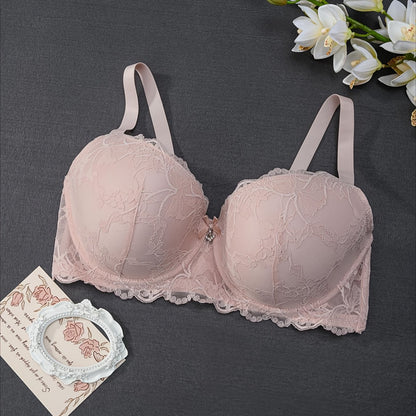 Elegant floral lace underwire bra for plus-size women with bow decor.