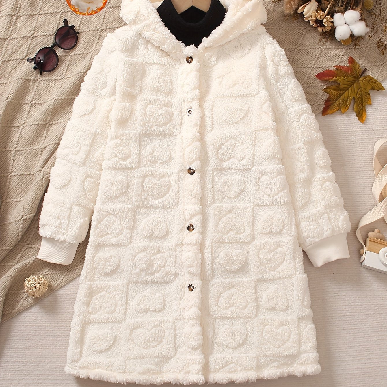 Girls' cozy fleece-lined hooded jacket in solid color with button-up long sleeves, pockets, knee-length, perfect for fall/winter. Regular style, not for deal.