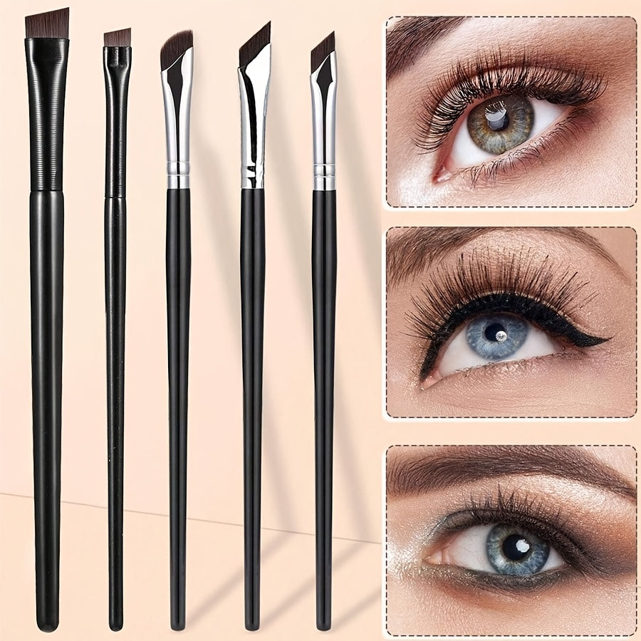 Compact 5-piece eye makeup brush set with sickle-shaped and angled eyeliner brushes and an eyebrow brush for creating beautiful eye looks. Perfect for travel and gifting.