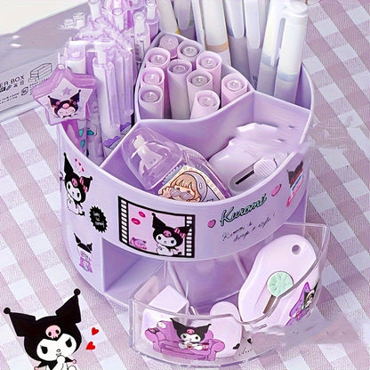 Sanrio Kuromi My Melody rotating pen holder, cute multi-compartment desk organizer made of varnished plastic. Great gift for stationery lovers.