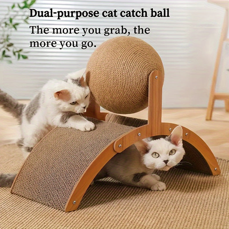 Wooden cat scratching ball with corrugated paper base - durable vertical claw grinding toy for cats.