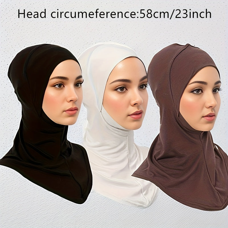 3 Elastic Modal Instant Hijab Caps for Women - Soft, Stretchy, Solid Color Head Wraps with Snap Closure - Ideal for Ramadan & Casual Attire - Breathable Polyester, No Feathers