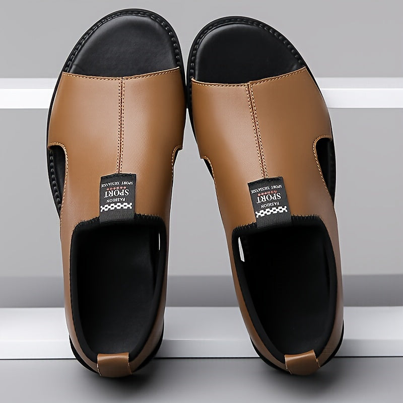 Breathable non-slip black slip-on sandals for men, ideal for summer. Made with synthetic upper and rubber sole. Perfect for casual wear, vacation, and driving.