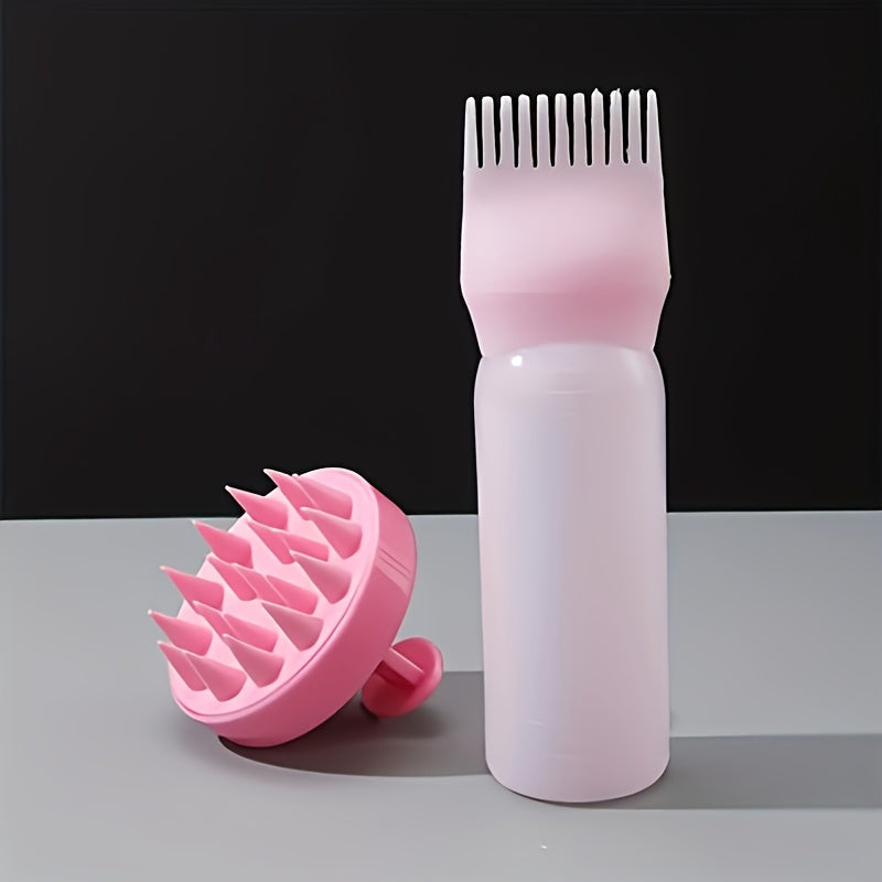 Hair care set includes scalp massage brush, root comb, hair dye bottle, and hair oil bottle. Made for all hair types with ABS plastic and silicone materials. Great for both ordinary and