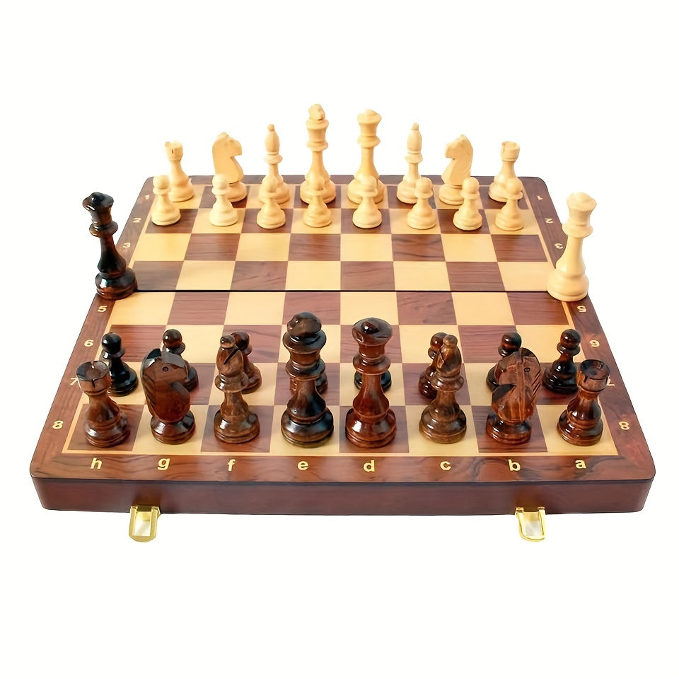 38.1cm X 38.1cm/15" X 15" Solid Wood Chess Set with Folding Board, Walnut Checkerboard, Internal Storage, 2 Bonus Queens.