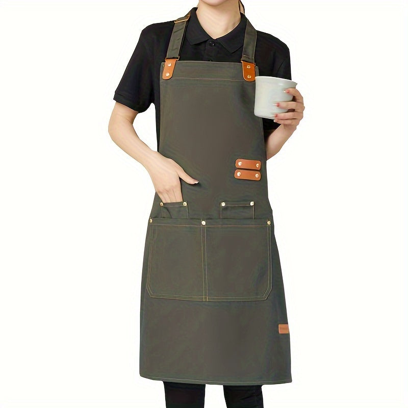 Versatile waterproof canvas apron with faux leather accents, perfect for kitchen, catering, and milk tea shops. Features durable polyester construction and stylish solid color design.