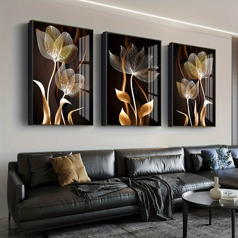 Modern abstract black brown and golden flower picture set, luxury wall art canvas painting for living room decor, frameless.