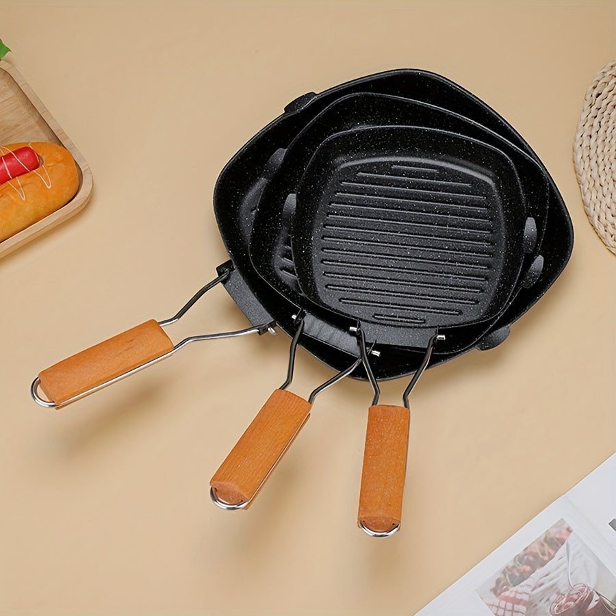 Meizhu Single Meal Cooking: Cast Iron Skillet Non-Stick Grill Pan with Wooden Handle - Oven Safe Griddle for Steaks and Breakfast, Perfect for Gas Stove Compatibility