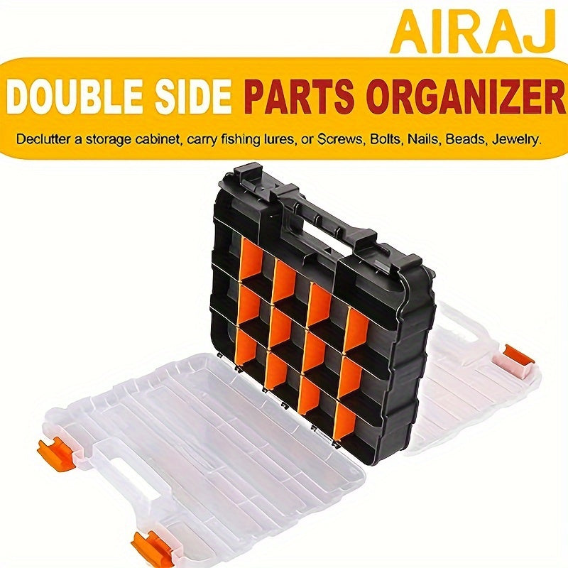 AIRAJ Double-Sided Parts Box, 34 Compartment, Black and Orange color, made of bamboo fiber and plastic, high-quality and durable, no assembly needed, uncharged, battery not included.