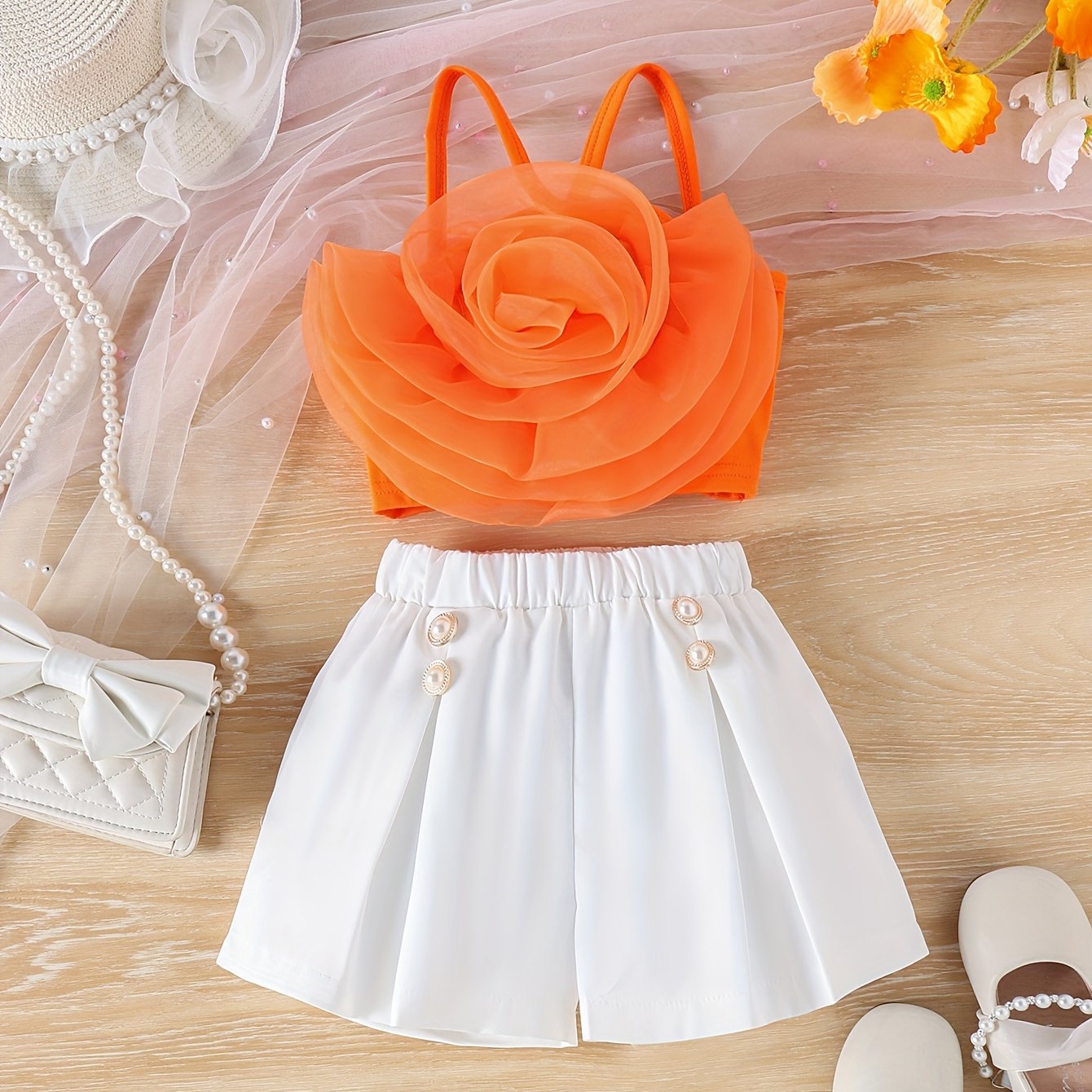 Sweet & Trendy Little Girl's 3D Rose Floral Camisole + Shorts Set for Summer Parties