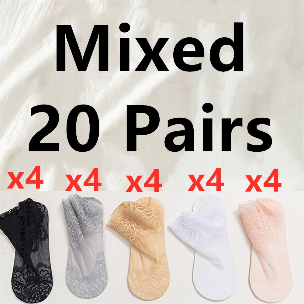 5 pairs of women's invisible boat socks featuring geometric-pattern lace floral trim, made of 95% polyester and 5% spandex knit fabric. Hand washable with contrast lace ankle socks.