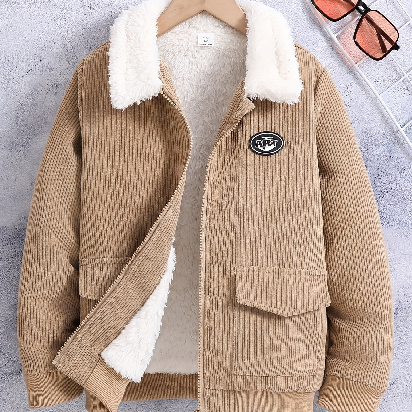 Boy's warm jacket with thick fleece lining, ideal for fall and winter outdoor wear.