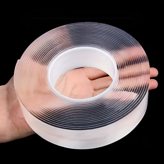 Transparent nano tape that is washable and reusable, featuring double-sided adhesive properties and universal hook tape for furniture.