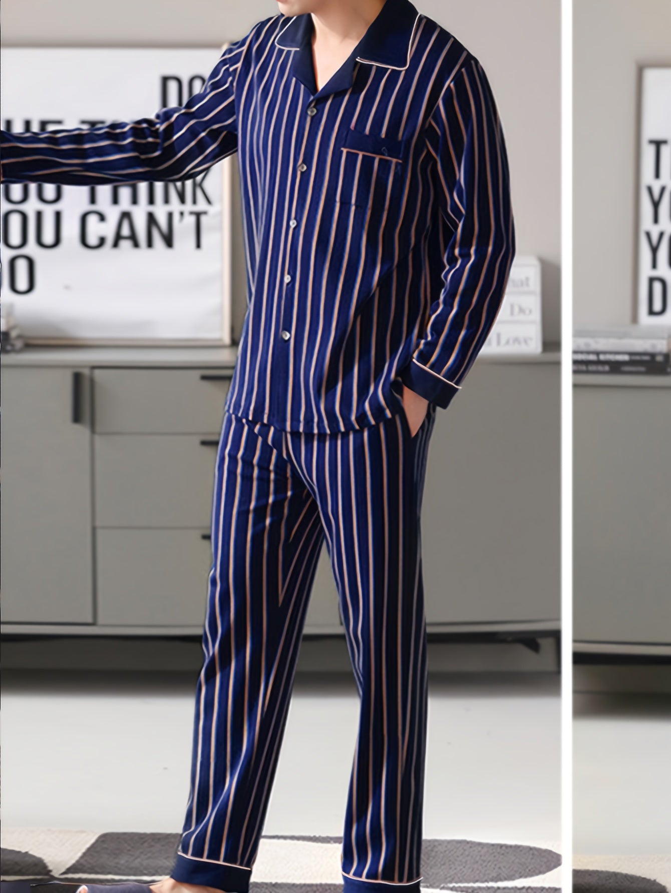 Men's long sleeve pajama set by QIANNIANMA, striped, made of polyester and elastane blend, machine washable, with pockets. Suitable for spring/autumn sleepwear and home wear. Features brand