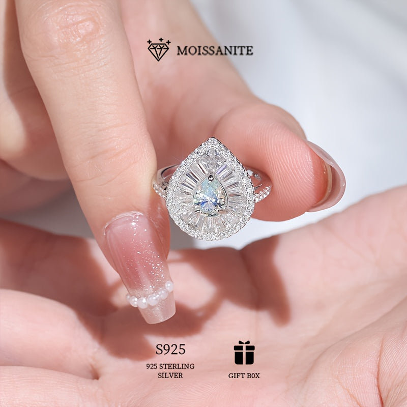 Elegant Water Drop Shaped 1ct Moissanite Ring in 925 Sterling Silver, Hypoallergenic and Ideal for Valentine's Day Wedding or Engagement. Comes with Moissanite Certificate and a Beautiful Gift Box for Women.