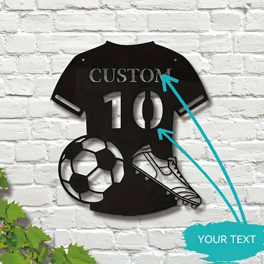 Metal wall art featuring a custom soccer jersey design with personalized name and number. This matte black decor is reusable and detachable, making it a perfect gift for sports enthusiasts. Perfect for adding a sports theme to any room in the home