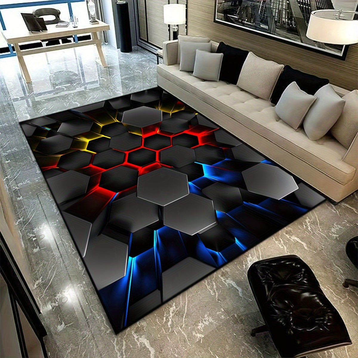 Liven up your space with this whimsical 3D Luminous Hexagon Area Rug! This cartoon-inspired rug is not only cool and fluffy, but also soft and non-slip, making it perfect for any room in your home. Use it in the living room, bedroom, bathroom, laundry