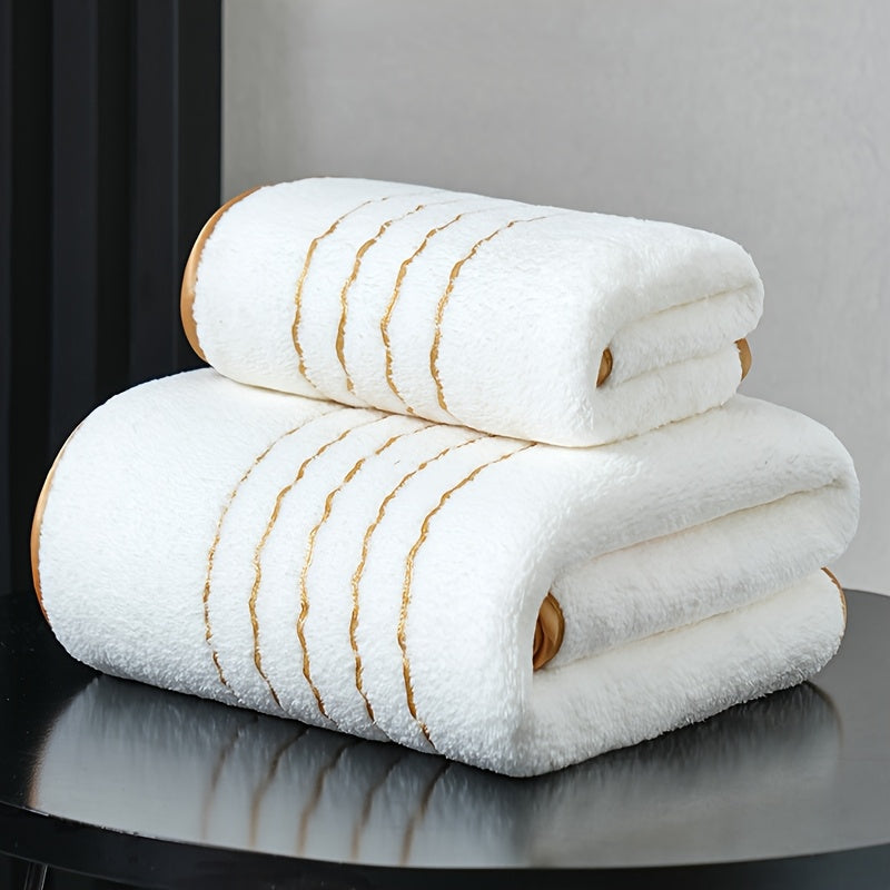 Set of 2 striped polyester bath towels with super absorbent feature. Includes one large towel (85.65*169.32 cm) and one small towel (33.86*73.69 cm). Ideal for bathrooms, gyms, parties