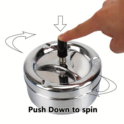 Durable stainless steel ashtray with rotating lid for home, office, hotel.