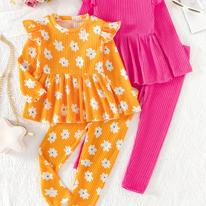 (Floral + Solid) 2 Sets Girls Long Sleeve Peplum Tee + Casual Pants Co-ords Set - Cute Spring/Fall Outdoor Clothes Gift