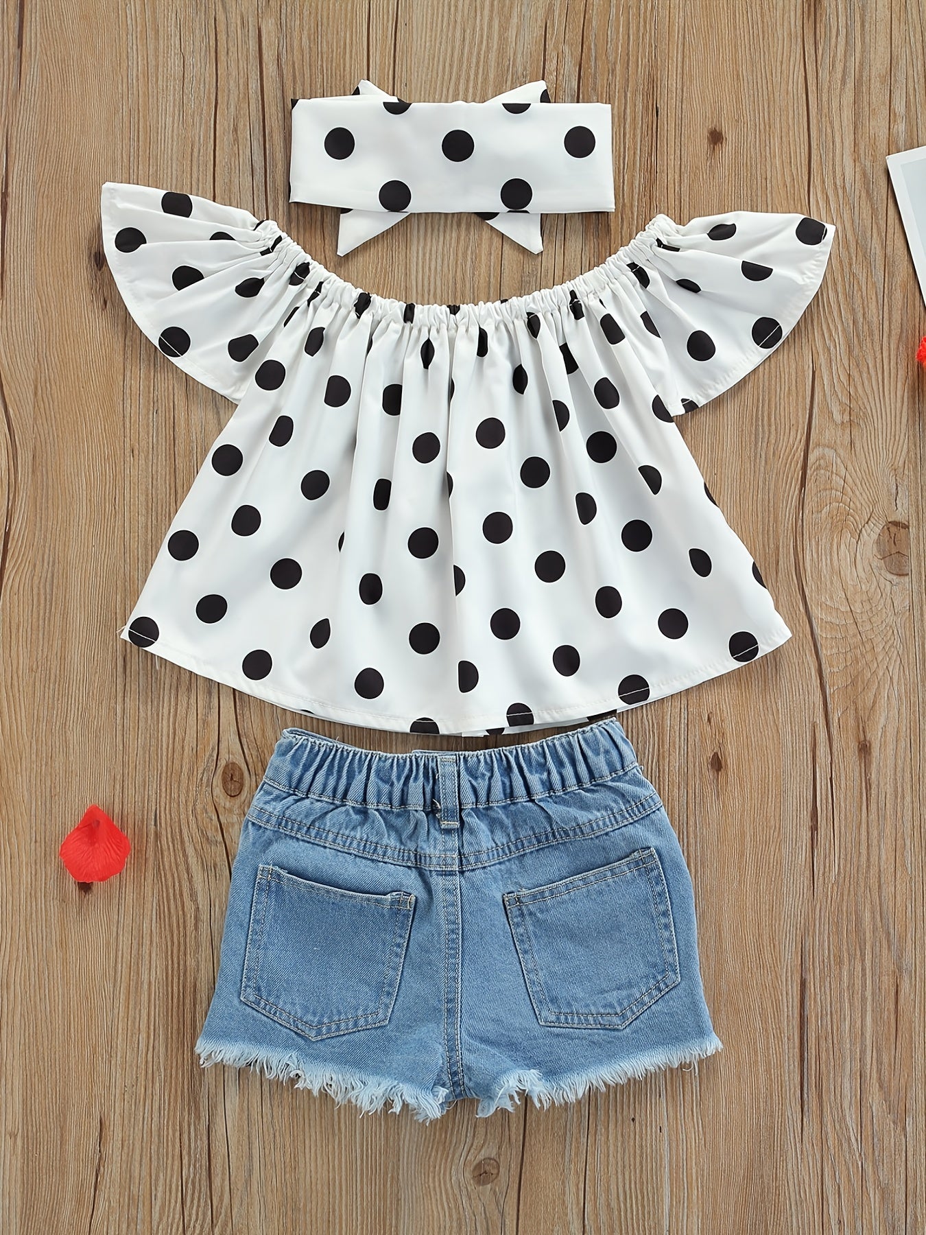 Baby girls polka dot crop top, denim shorts, and headband set for summer outdoor wear.