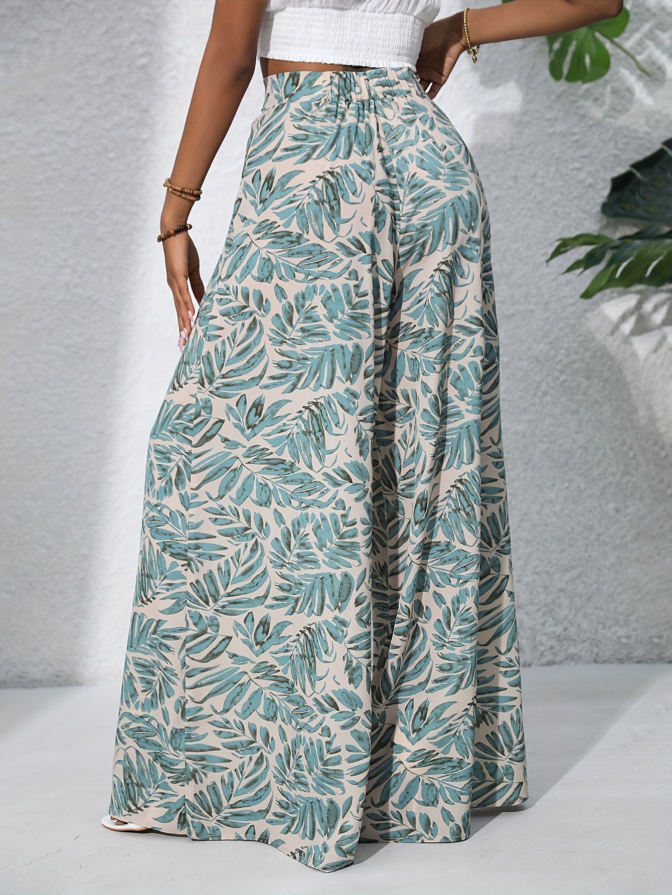 Boho Plants Print Pants - High Waist Wide Leg Palazzo, Women's Summer Beach Wear