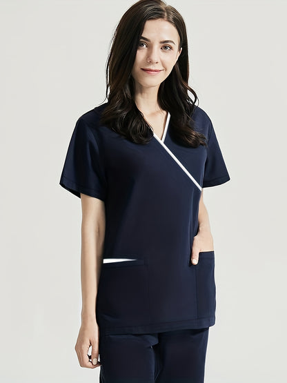 Medical Care Scrub Set with Contrast Trim, V Neck Short Sleeve Top & Pants, Women's Outfits