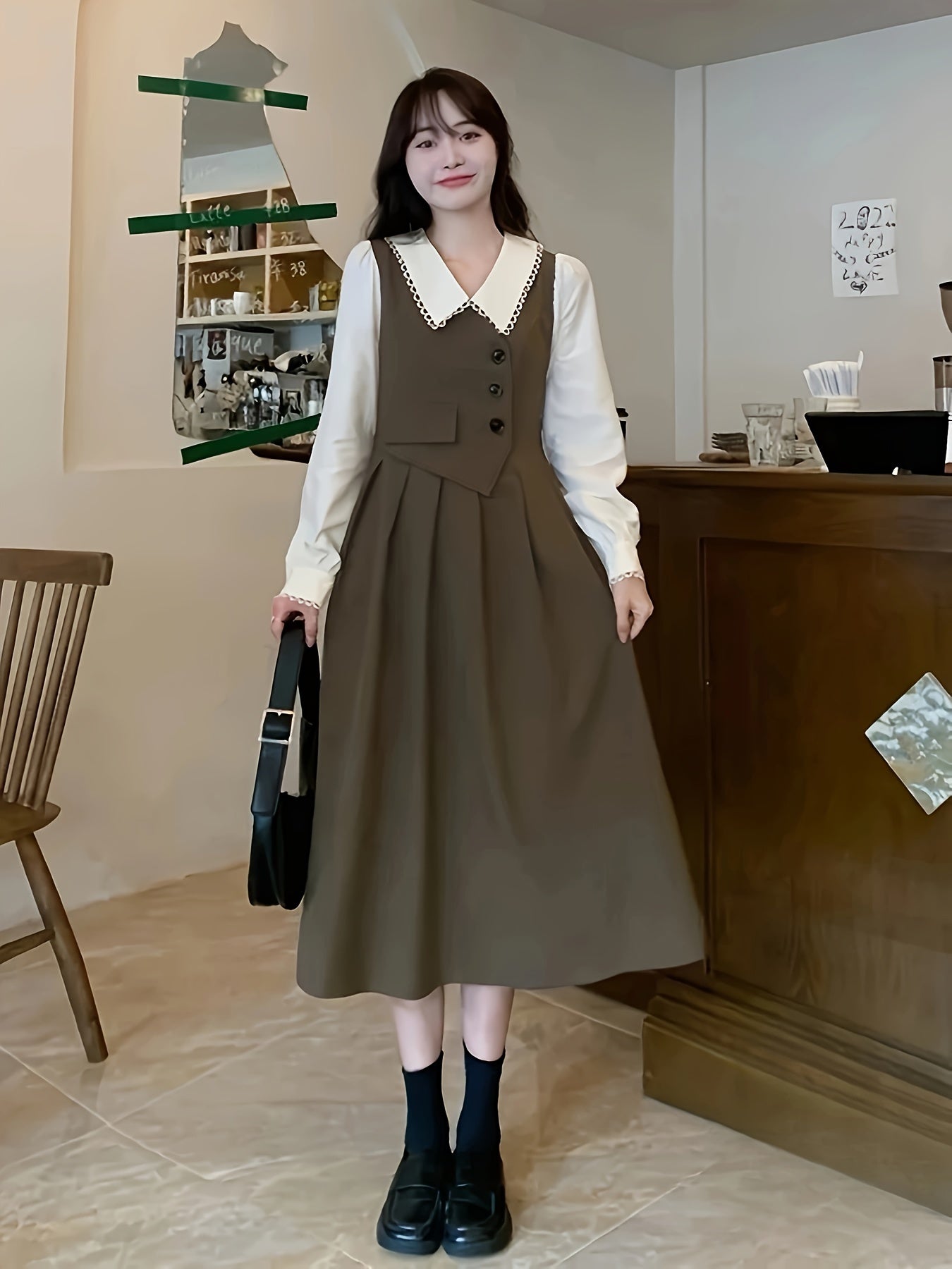 Lace-trim collar casual shirt dress in a versatile solid color made of stretchy polyester blend. Machine washable and suitable for all seasons, especially autumn and spring.