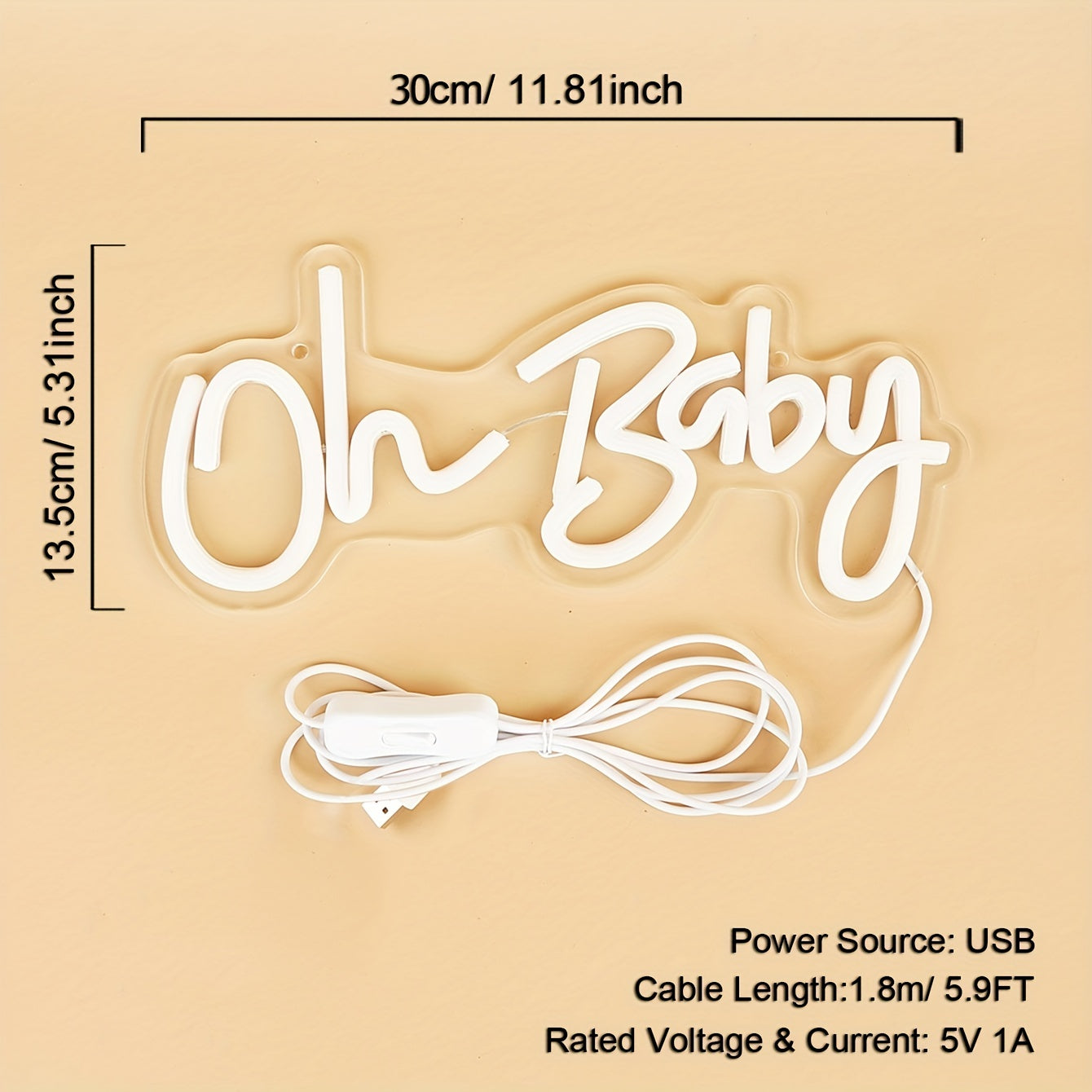 1 piece LED neon sign "Oh Baby" with switch control and USB power, no batteries needed, for bedroom wall decor.