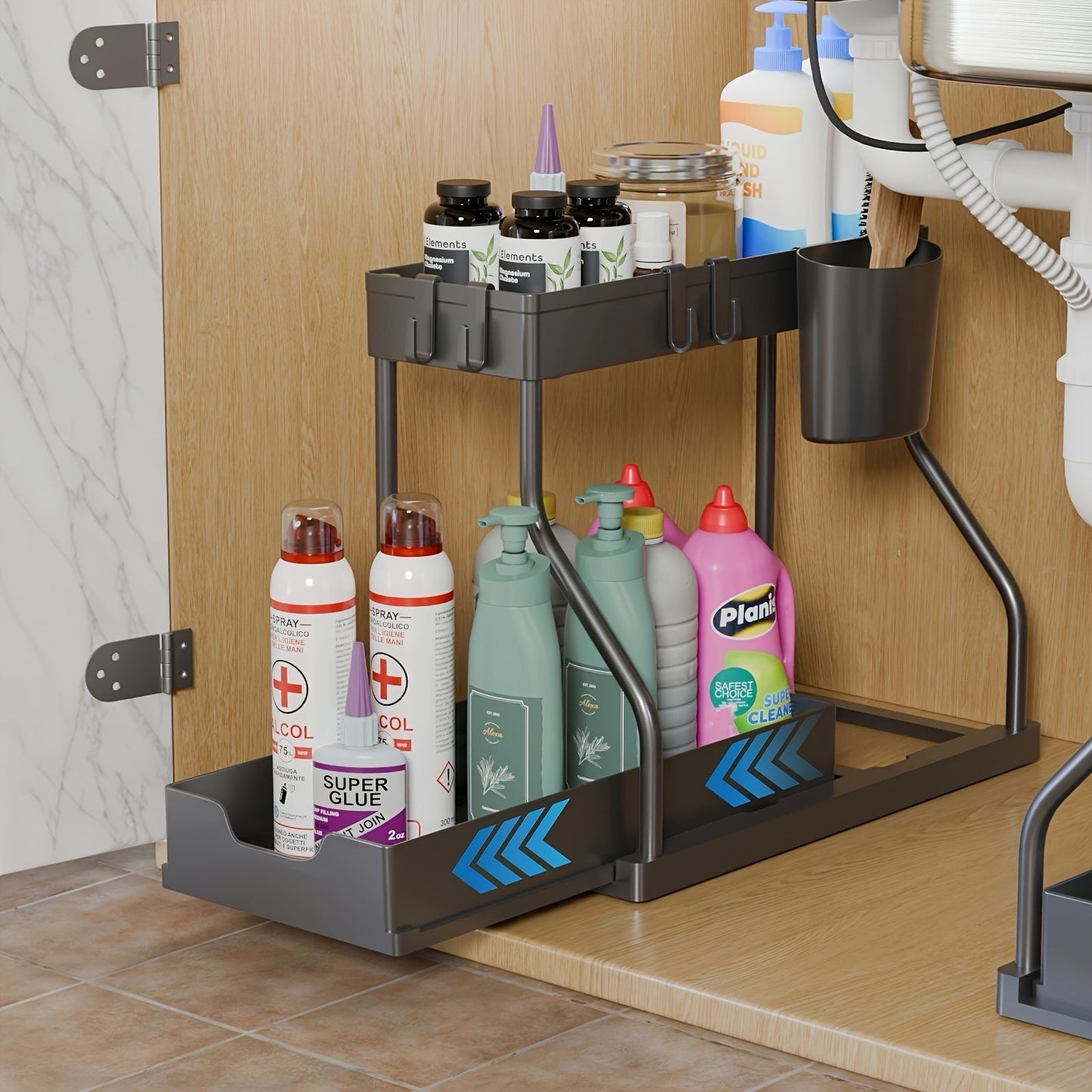 Two-tier under-sink storage organizer with plastic sliding drawer, versatile rack for bathroom and kitchen, available in black and white - cabinet organizer