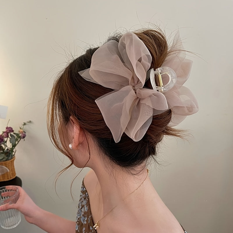 Chic large beige tulle bow hair claw clip with sweet milk coffee fairy design, perfect for Valentine's Day.