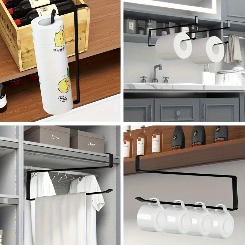 Simplify your kitchen with the 1pc Easy-Install Iron Kitchen Paper Towel Holder. This space-saving cabinet roll organizer requires no drilling and can also hold cling film and dishcloths. Its modern design makes it a stylish addition to your kitchen