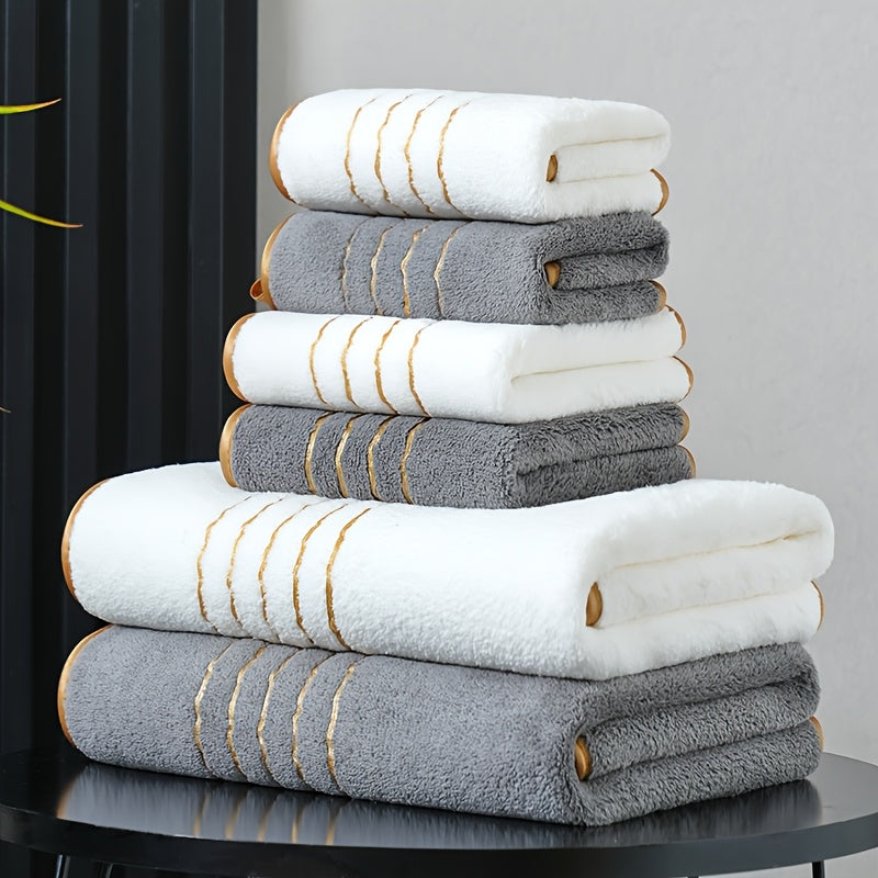 Set of 2 striped polyester bath towels with super absorbent feature. Includes one large towel (85.65*169.32 cm) and one small towel (33.86*73.69 cm). Ideal for bathrooms, gyms, parties