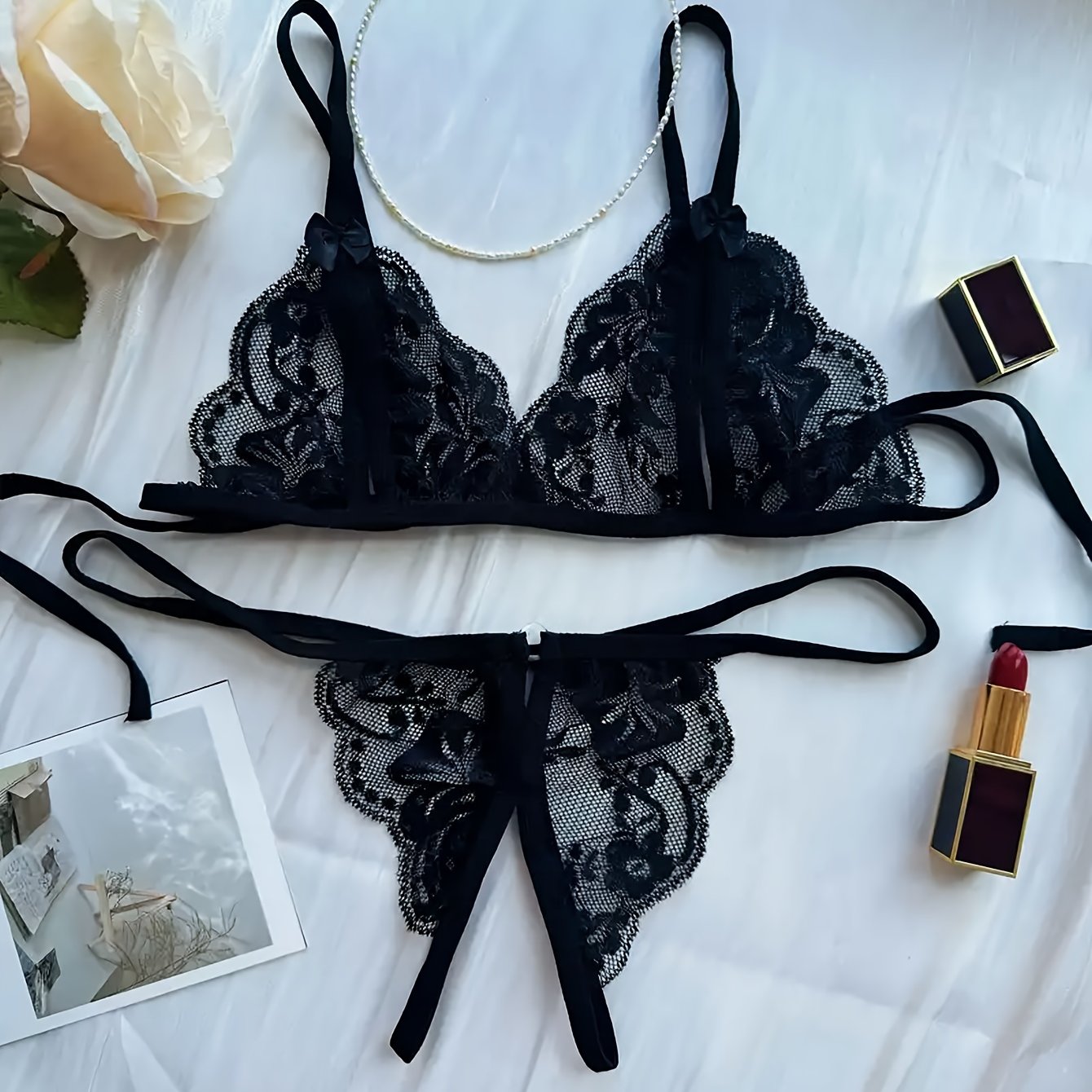 Women's Sexy Deep V-Neck Hollow Out Lingerie Set with Bra and Thong.