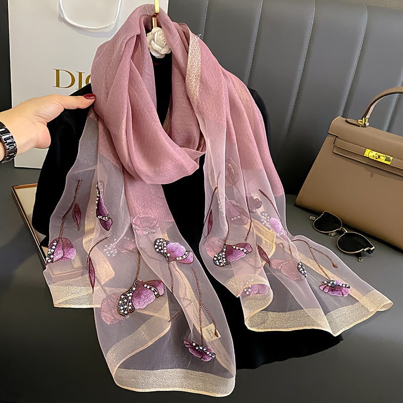 Silk and wool blend scarf with embroidered floral design - ideal for evening events.