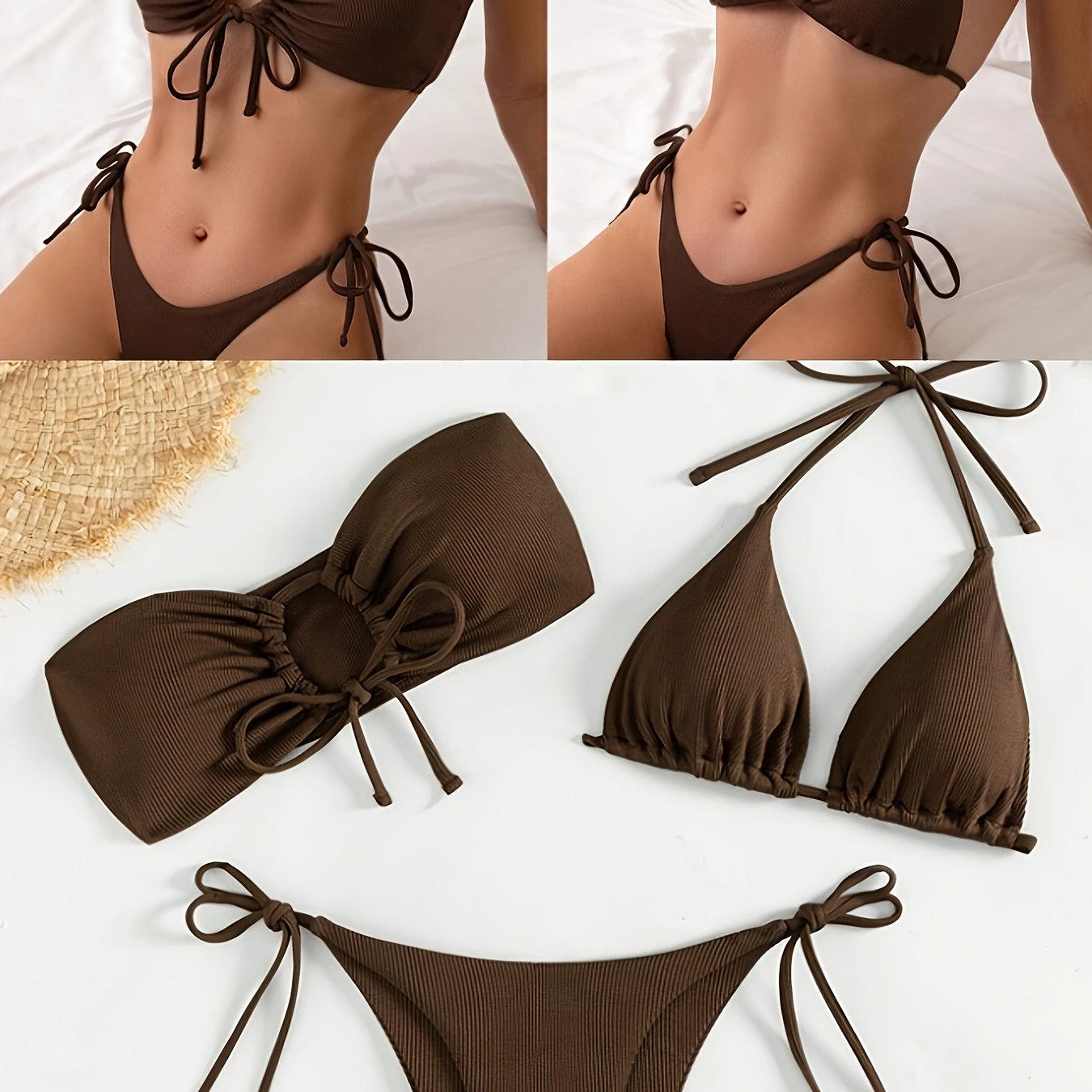 Off-shoulder bikini set with lace-up detail. Made of 95% polyester and 5% elastane. Medium stretch, solid color.